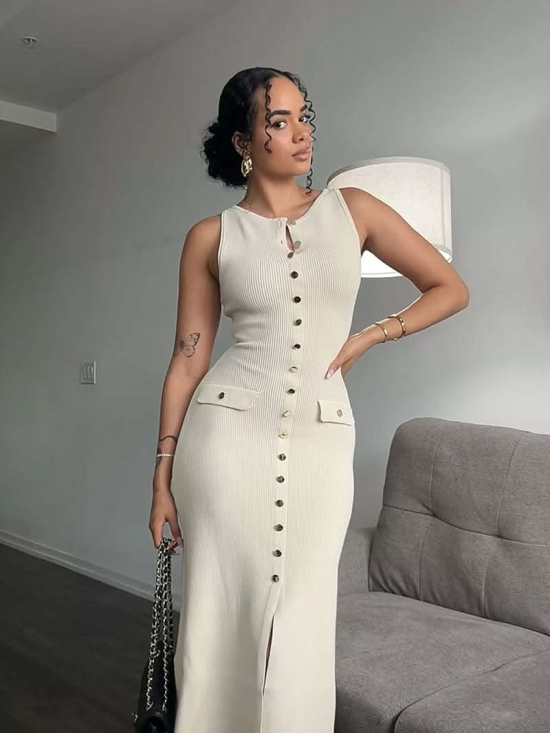 Ärmelloses Maxikleid mit Knopfleiste und Taschen