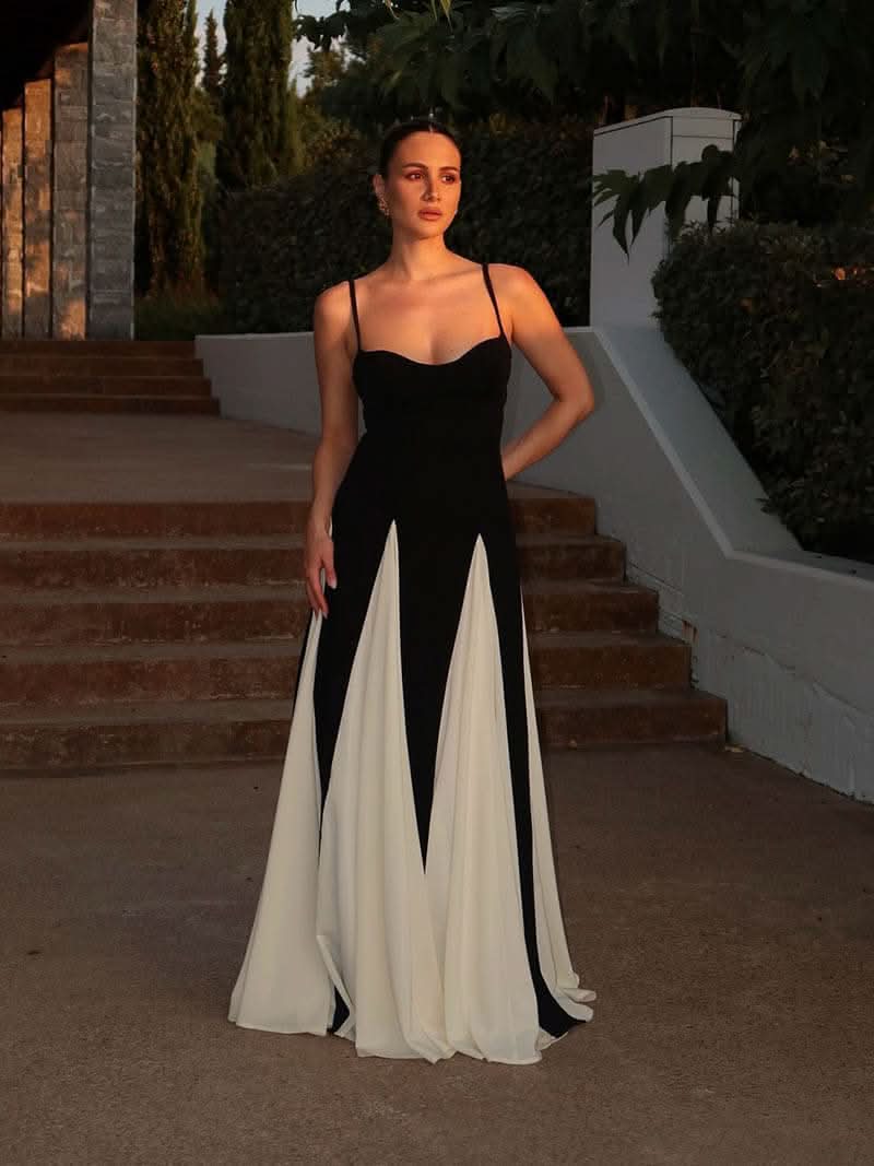 Abendkleid mit Trägern und zweifarbigem Rock