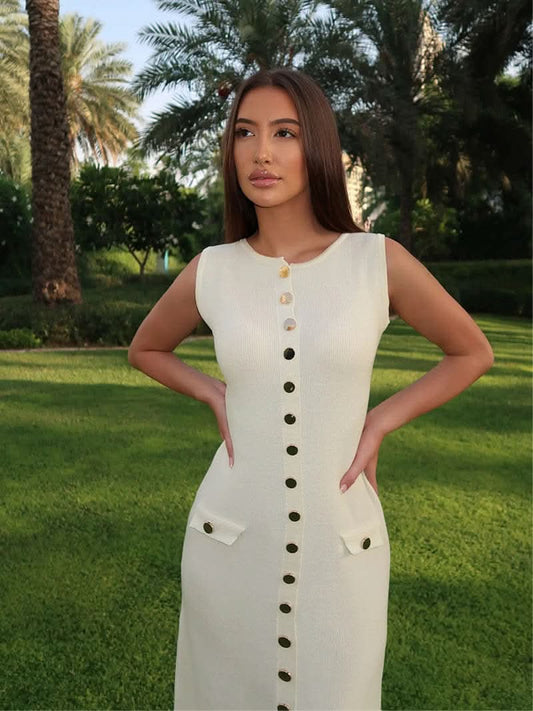 Ärmelloses Maxikleid mit Knopfleiste und Taschen